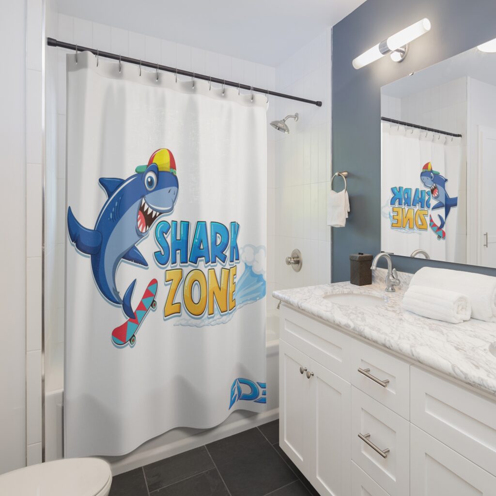 Shark Zone ED3 Shower Curtain – Kids Surfing Shark Bathroom Decor