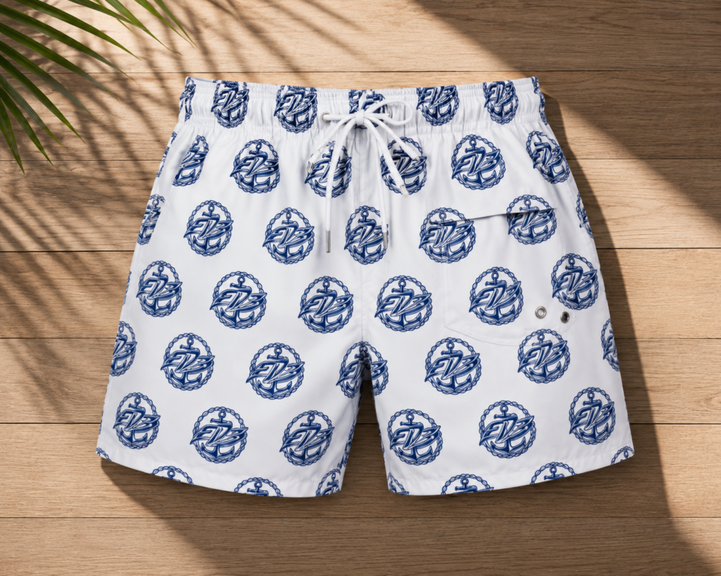 Blue ED3 logo Pattern Swim Trunks — All-Over Print Beach Shorts