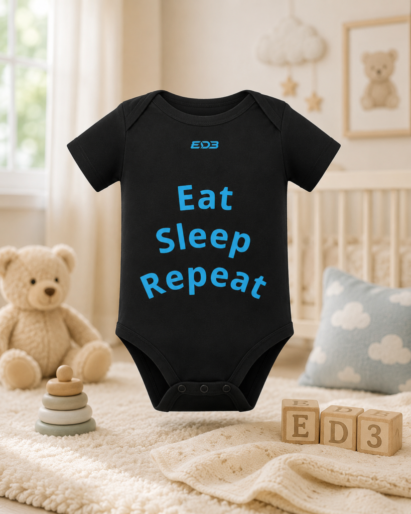ED3 Baby Bodysuit “Eat Sleep Repeat” – Cute Infant Onesie, Newborn Gift