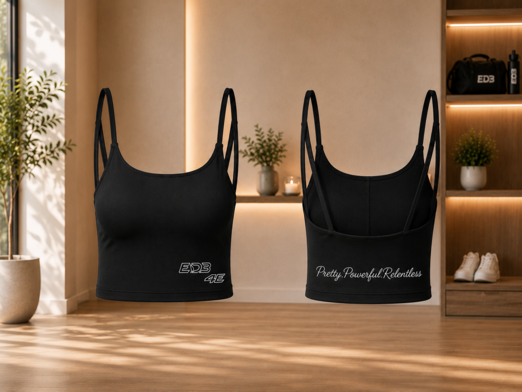 Women's luxury ED3 Bra — Minimal Black Cropped Bralette with 'EDB 4E' Graphic