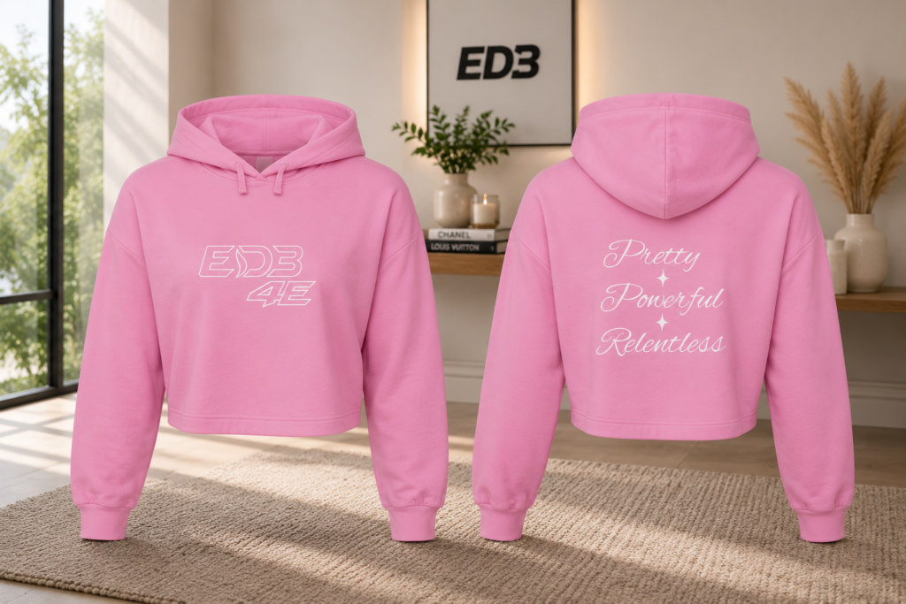 Pretty Powerful Relentless Cropped ED3 Hoodie — Feminine Script Motivational Crop Top