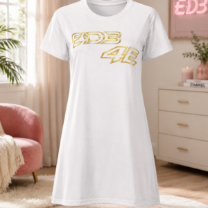 EDB 4E Graphic T‑Shirt Dress — Retro Yellow Logo Casual Dress