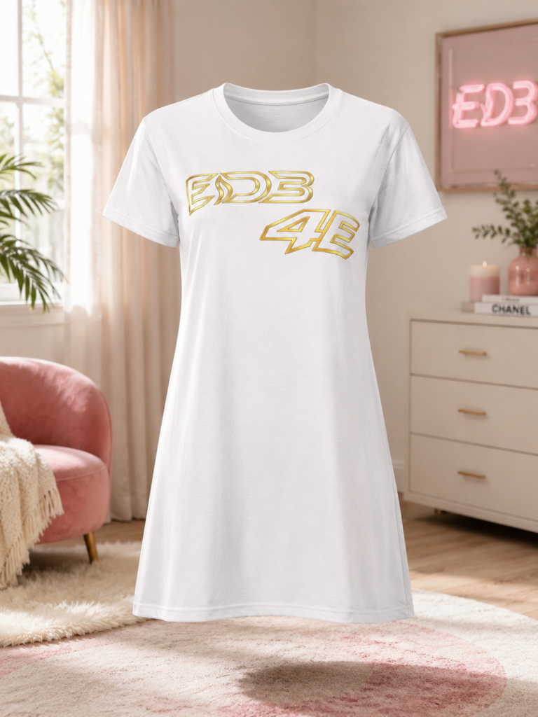 EDB 4E Graphic T‑Shirt Dress — Retro Yellow Logo Casual Dress