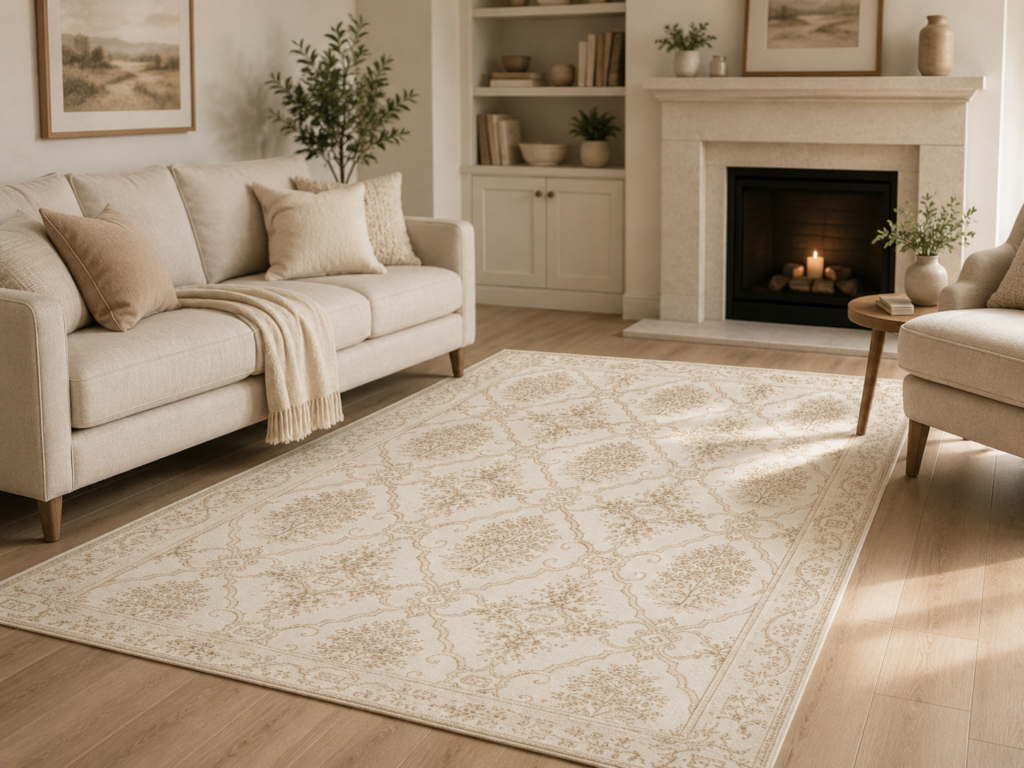 ED3 Vintage Ivory Medallion Area Rug — Neutral Classic Living Room Accent