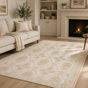 ED3 Vintage Ivory Medallion Area Rug — Neutral Classic Living Room Accent
