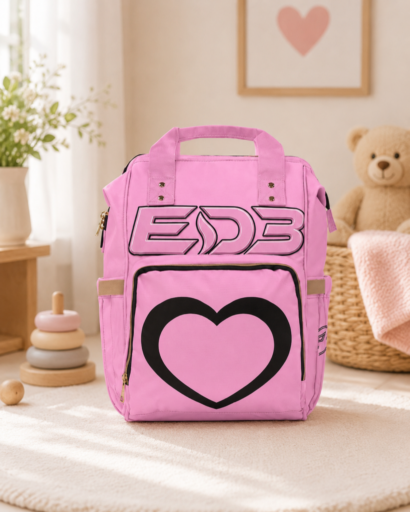 Pink ED3 Heart Diaper Backpack — Multifunctional Baby Bag with Front Pocket
