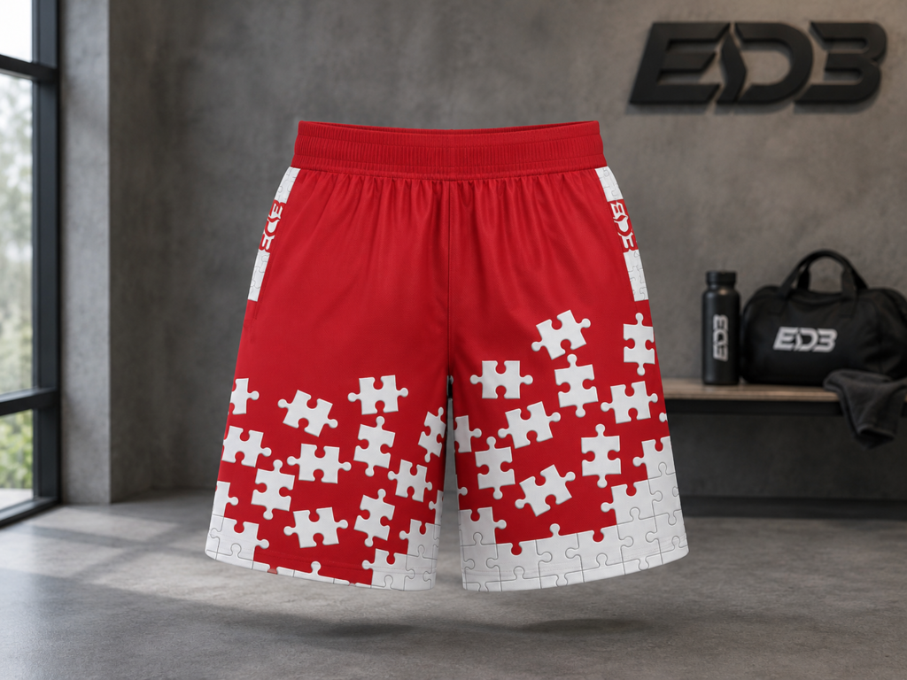 Red ED3 Puzzle Piece Athletic Shorts — ED3 Jogger Shorts with Jigsaw Design