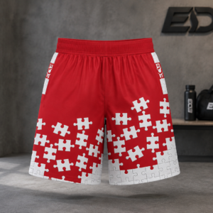 Red ED3 Puzzle Piece Athletic Shorts — ED3 Jogger Shorts with Jigsaw Design
