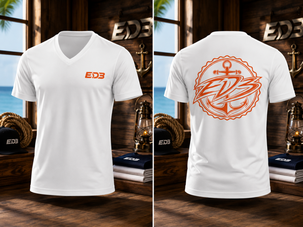 EDB Anchor V-Neck Tee — Nautical Logo Short Sleeve Shirt