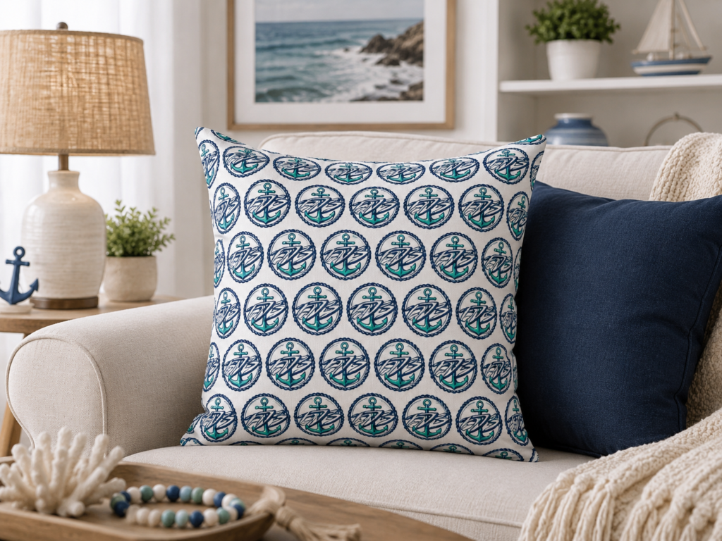ED3 Nautical Compass Pattern Square Pillow — Coastal Anchor Pillow