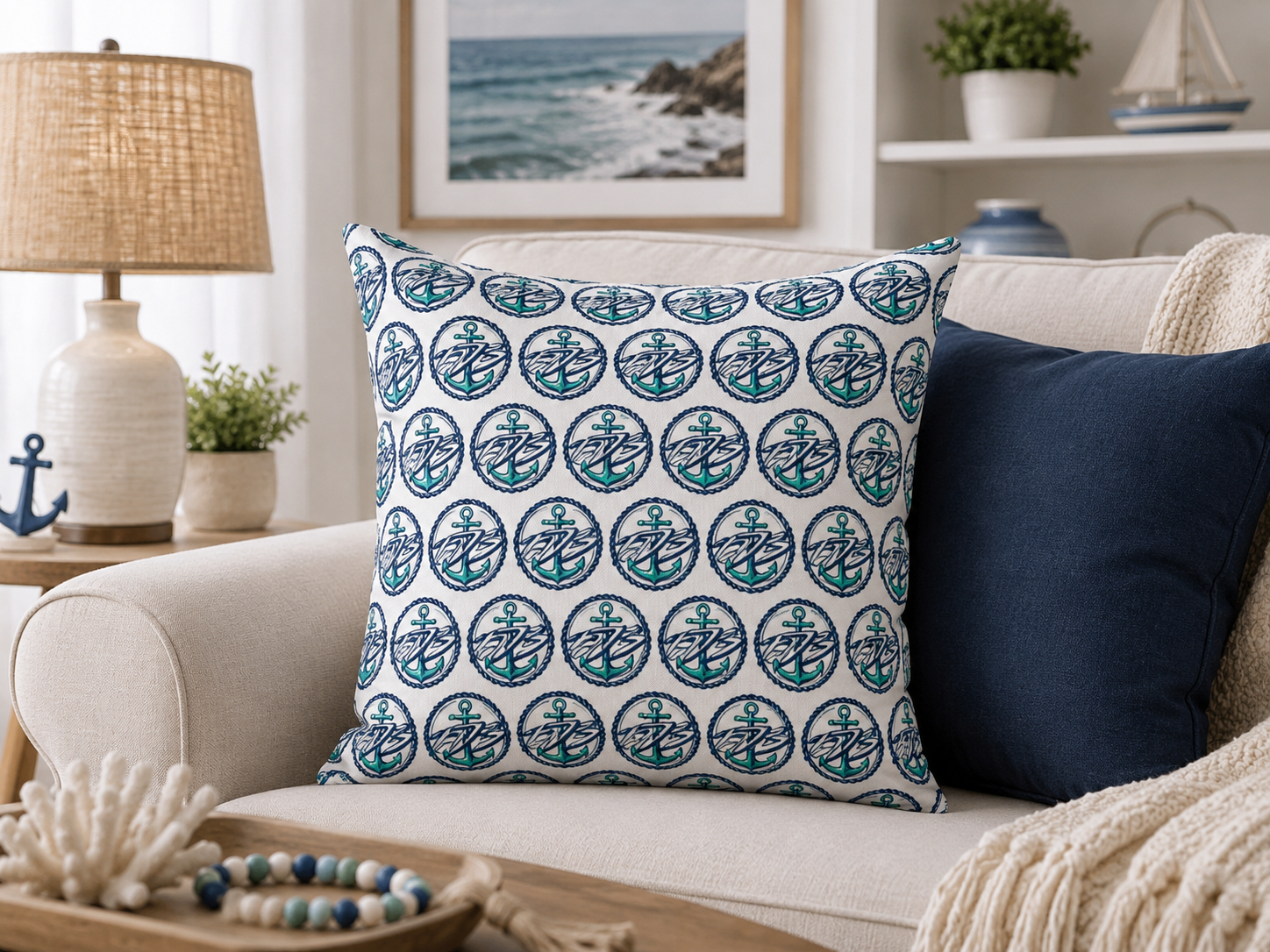 ED3 Nautical Compass Pattern Square Pillow — Coastal Anchor Pillow